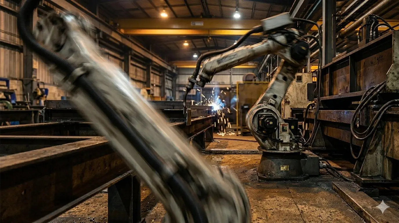 Robotic welding arms at work in a steel fabrication workshop